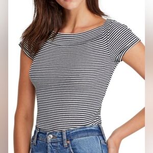 Free People Black & White Striped Boatneck Short Sleeve Tee